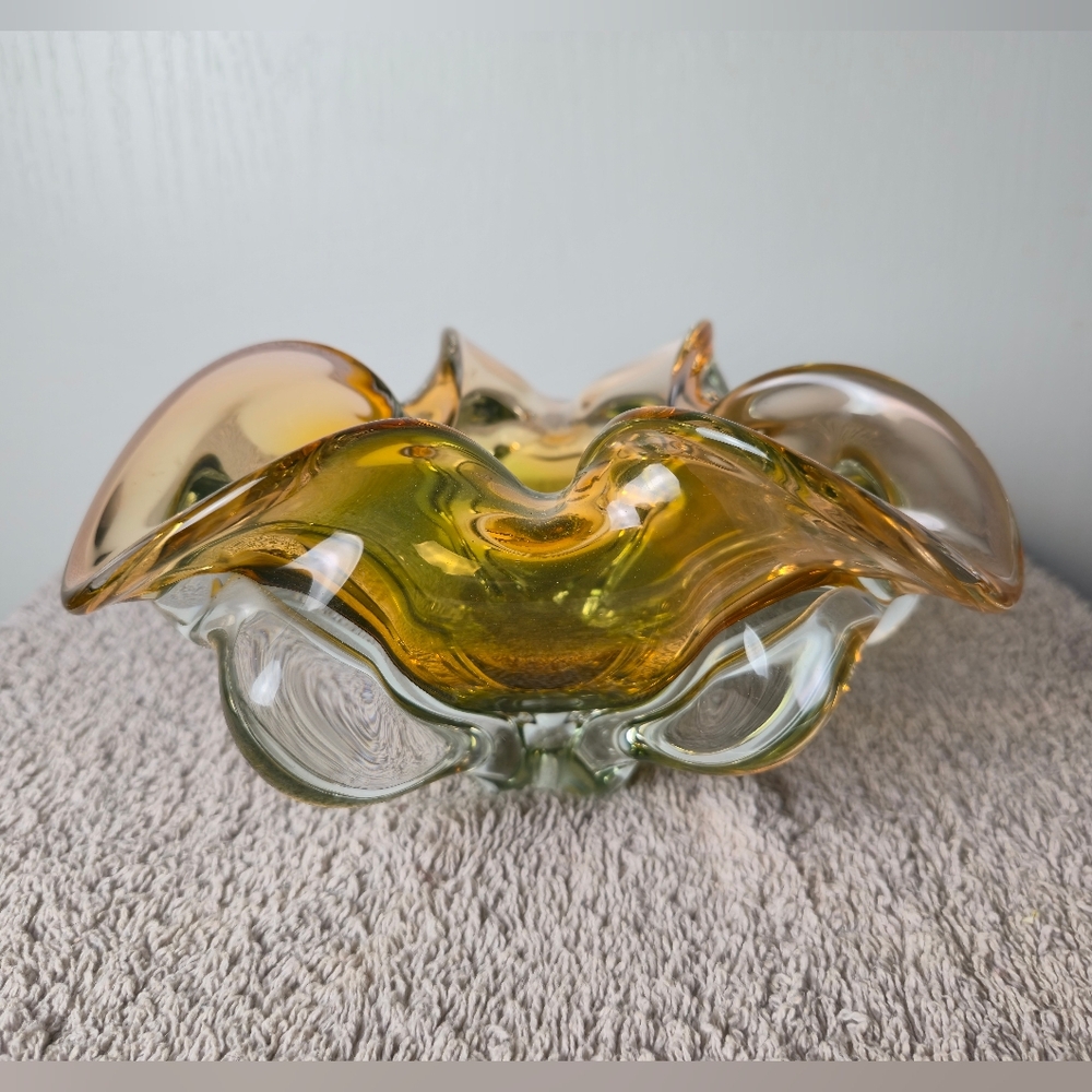 Stunning Vintage Murono Art Glass Amber Gold Candy Dish Bowl/ MCM Modernist